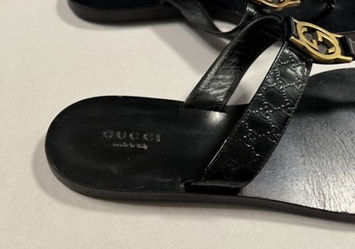Gucci GG Black Leather Thong Flip Flop Sandals Gold Women's EU 36