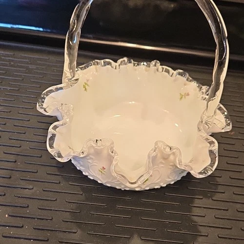 Fenton Hand Painted Milk Glass Decorative Basket Floral Round Flowers