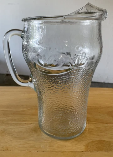 VTG Coca-Cola Pebbled Glass Pitcher w/ Ice Lip & Handle 64 oz. 2 Quart
