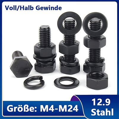 M4-M24 12.9 Stahl Voll/Halb Gewinde Sechskantschrauben Muttern Unterlegscheiben