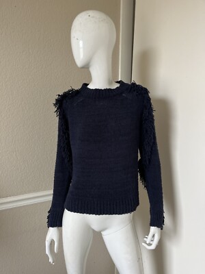 VANESSA BRUNO Navy Blue Chunky Chenille Knit Sweater w/ Fringed Sleeves Sz S