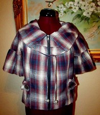 New Jolt Sz M Plaid Cropped Peplum Drawstring Collar Zip Front 1/2 Sleeve Jacket