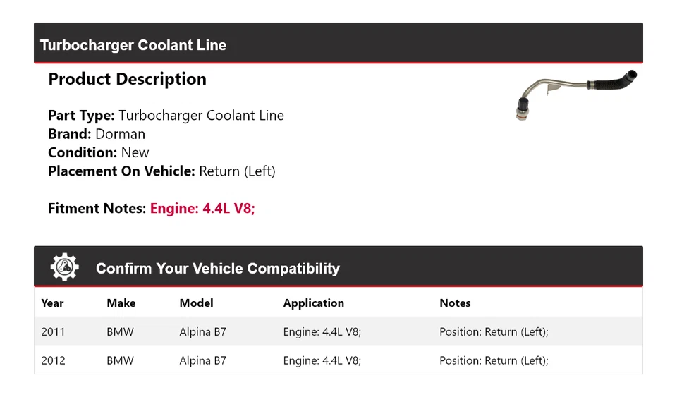 Línea de refrigerante turbocompresor Dorman V8 4,4 L BMW Alpina B7 2011-2012 Foto 2 de 4