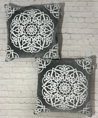 Set Of 2 DeVi Designs Feather Pillows W/Slip Covers Gray White Mandala 20x20 