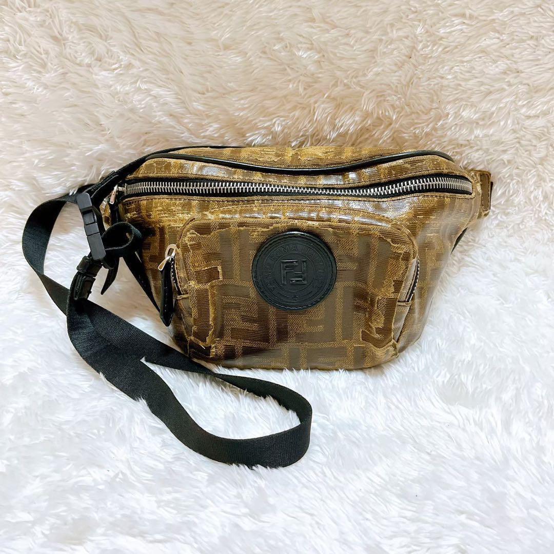 FENDI ZUCCA Belt Bag Zipper Closure PVC Leather Beige 7VA446 FENDI ZUCCA Belt Bag Zipper Closure PVC Leather Beige 7VA446