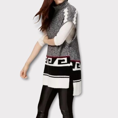 Ann Taylor LOFT XS/S Gray Black Boho Sleeveless Turtleneck Geo Blanket  Sweater - Main Image