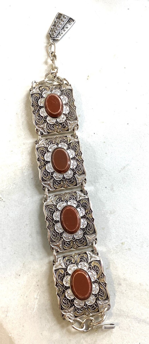 3.100 Vintage bracelet, silver tone, Damascus, acrylic cabochons View 3