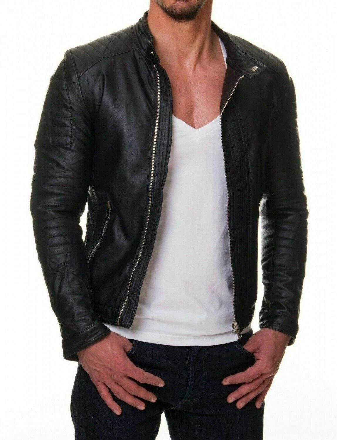 Men's Black Biker Jacket Genuine Leather Vintage Motorcycle Café Racer Jacket