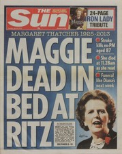 THE SUN NEWSPAPER 9 APR 2013 . MARGARET THATCHER MAGGIE DEAD IN BED AT THE RITZ