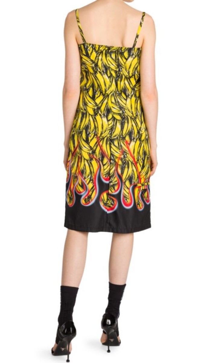 キ*ド様 新品未使用PRADAプラダbanana&flameバナナフレイムプリン PRADA NWT banana & Flame-print Gabardine Dress Sz 40, US-4