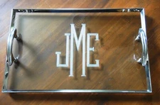 Art Deco MCM Antique Vintage Chrome & Clear Glass Handled Tray Engraved Etch JME