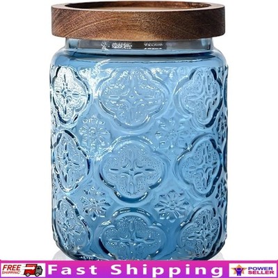 Vintage Glass Storage Jar W/ Acacia Wood Lid Airtight Kitchen Organizer New