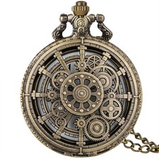 Gear Case Bronze Pocket Watch White Arabic Dial Steampunk Quartz Necklace Chain