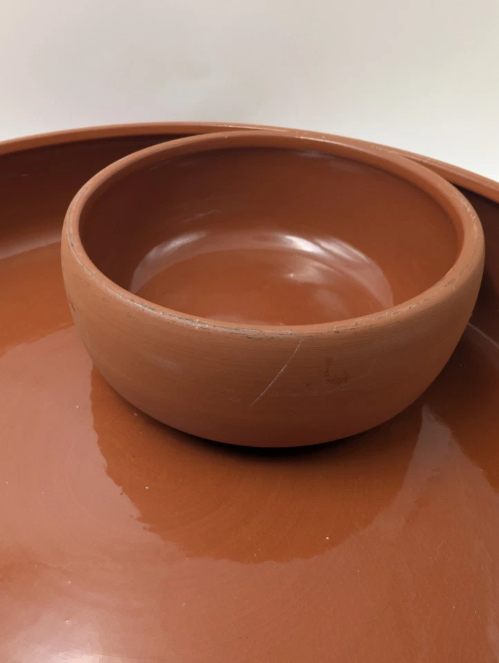 Vintage BORTNER & BORTNER TerraCotta Glazed Round Chip & Dip Serving Tray Bowl - Image 4 of 4