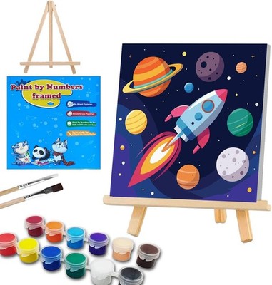Rakete Malen nach Zahlen Set für Kinder 8x8 Zoll mit Rahmen