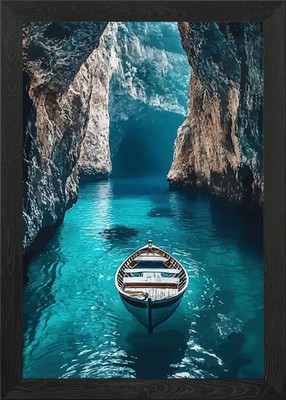 Boat in Cave with Turquoise Water Framed Wall Art Poster Canvas Print Picture