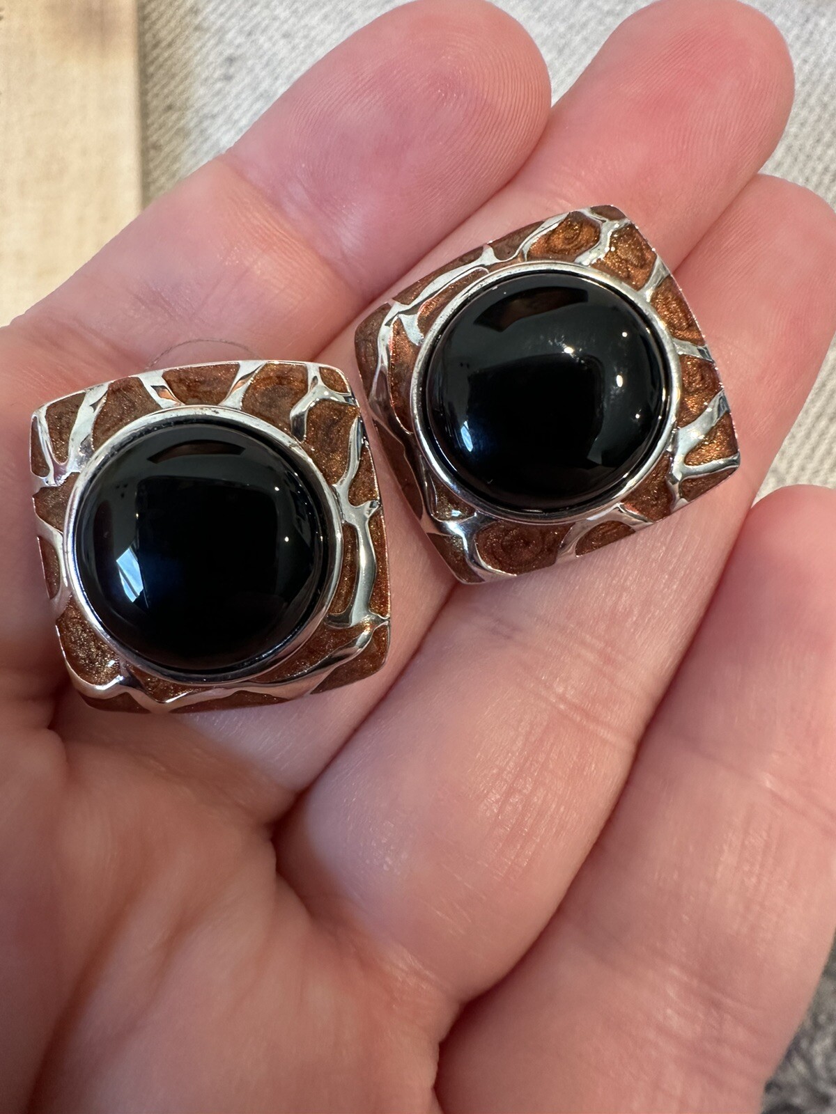 Statement Earrings Black Stone Copper Tone Enamel… - image 7