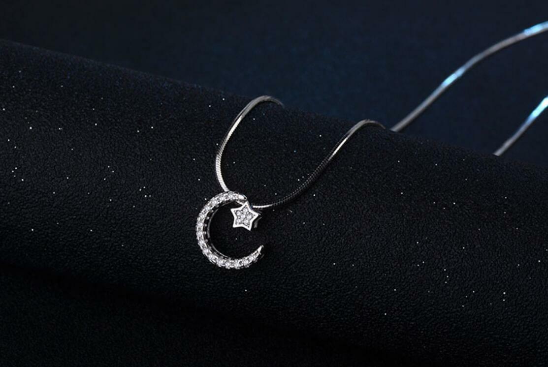 Silver SP Pave Cubic Zirconia Star Moon Pendant Chain Necklace | eBay