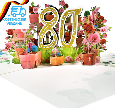 GREETING ART 80. Geburtstagskarte, Pop-Up-Karte Zum 80 Jahrestag,Blume Pop up Gr