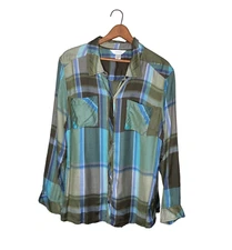 CJ Banks 1X Green Turquoise Metallic Plaid Modal Button Front Top Shirt Plus