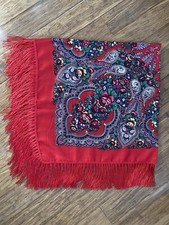 Russian Red Big Shawl Scarf Folk Floral Maslenitsa