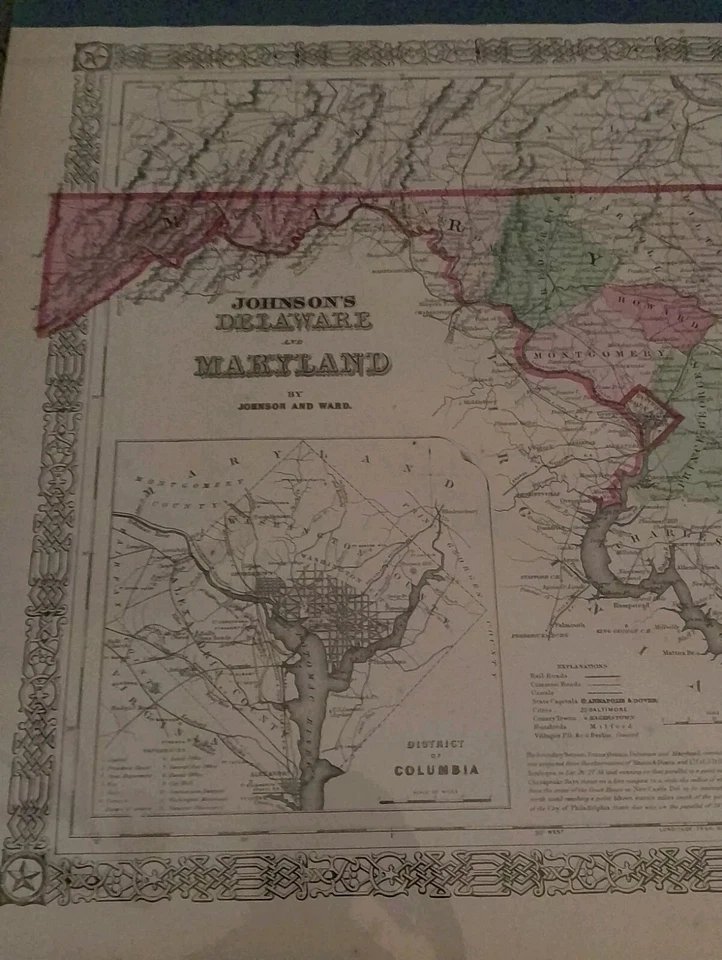 Mapa a color de la línea Dixie Mason Maryland 1866 Delaware Johnson's  Foto 2 de 4