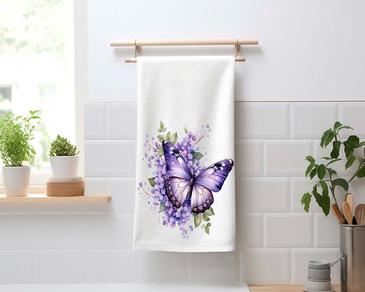 Purple Butterfly Kitchen Tea Towel Flour Sack Dish Towel