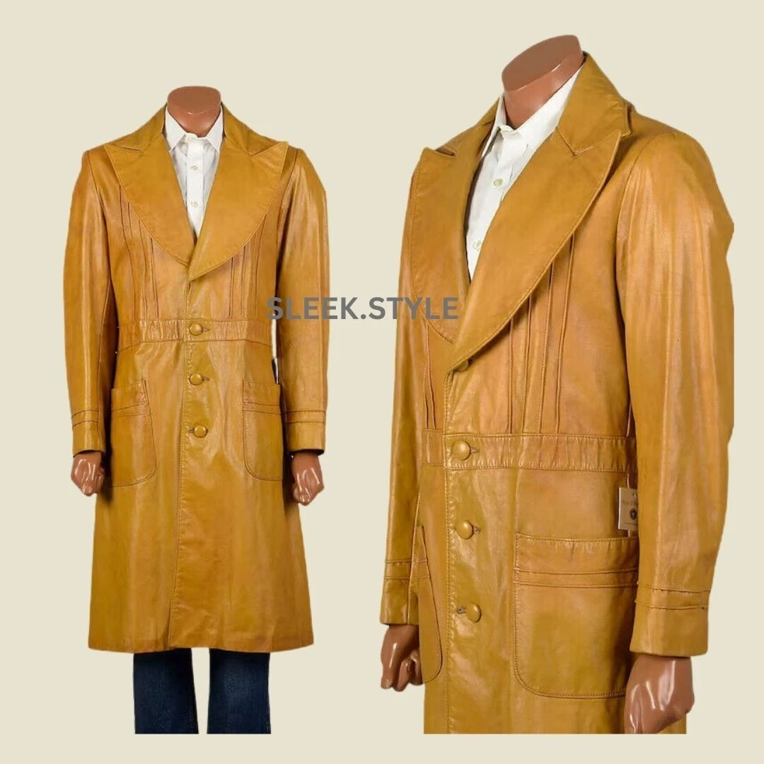 Mens Leather Trench Coat Jacket Lambskin Modern Winter Overcoat Classic Soft