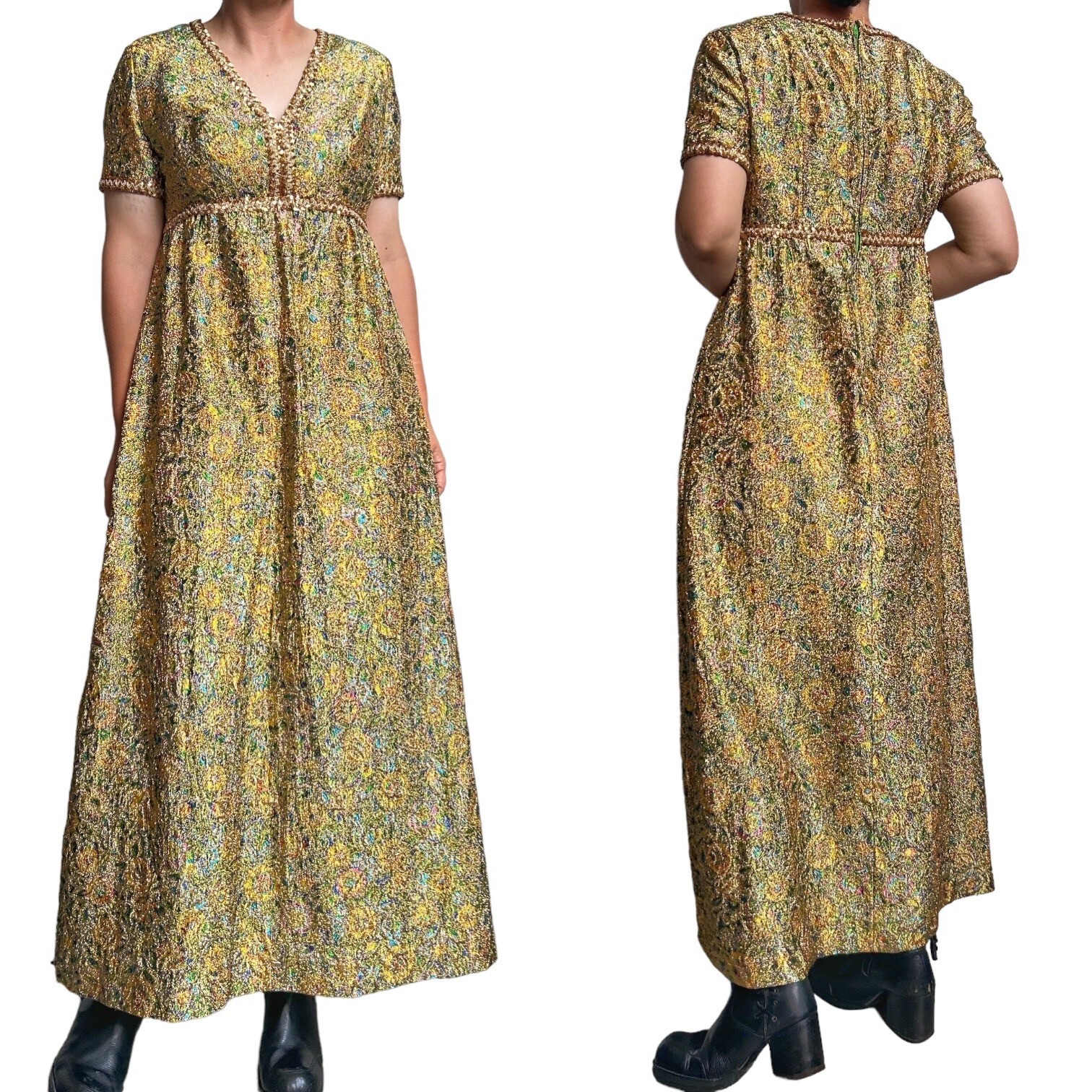 70s Vintage Metallic Brocade Dress Empire Waist Maxi Short Sleeve Flower Print