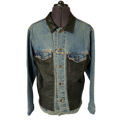 Levi's Jeansjacke Trucker blau schwarz Lederbesatz Vintage USA Herren Medium