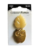 Set of 2 New Yellow Leaf (Plastic) & Gold Owl (Metal) Buttons 15/16" wide -Shank
