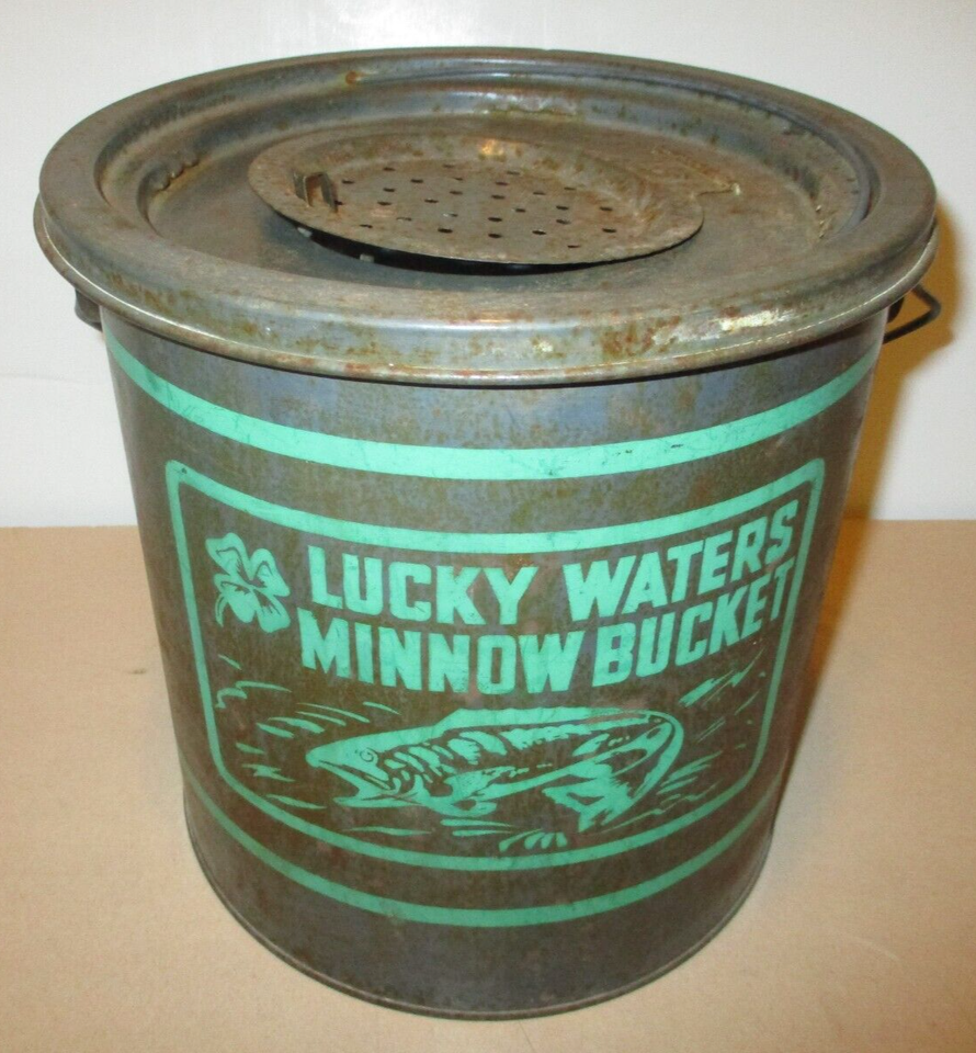 Vintage OLD PAL LUCKY WATERS Minnow Bucket Bait Pail GREEN PAINT 2