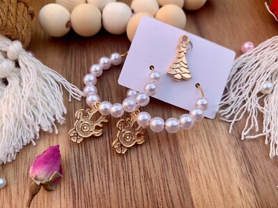 Schicke Perlen Creolen & Halskette Set mit Gold Anhänger Valentinstag Geschenk