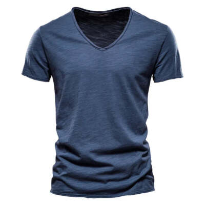 Baumwolle Herren T-Shirt V-Ausschnitt Slim Fit Oberteile Tees Kurzarm T Shirt