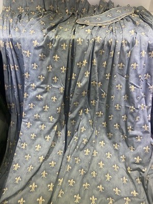 Vintage Dreifachfalte Blau Fleur De Lys Vorhänge & Bänder 2,1 M DRX 2,7 M WD BJ12