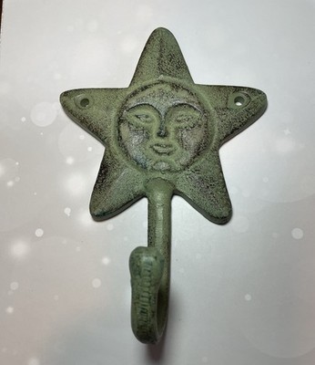 Cast Iron Green Patina Star With Face Wall Hook Indoor  Outdoor Celestial Decor
