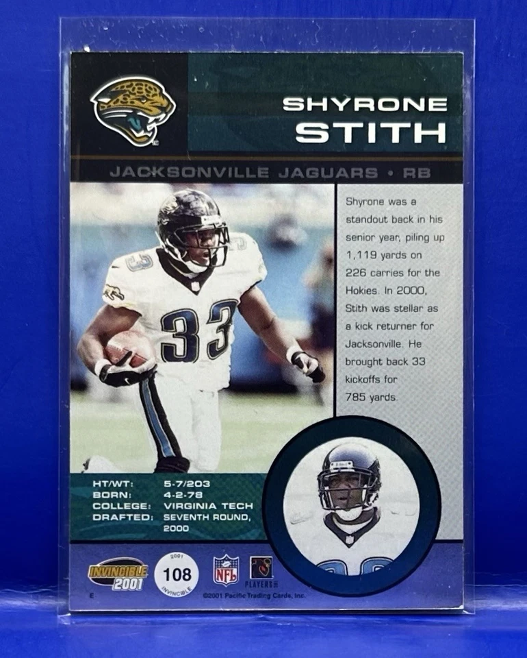 SHYRONE STITH 2001 Pacific Invincible Game-Worn Jersey #/750 JacksonvilleJaguars - Image 2 of 2