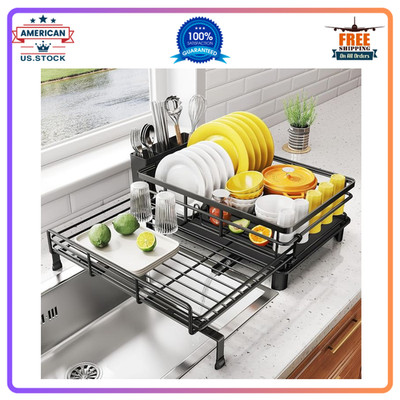 SNTD Dish Drying Rack Extendable, Large Sink Dish Drainer with Utensil Holder