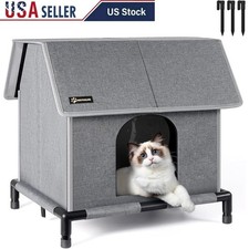Outdoor Insulated Cat House W/ Double-Sided Cushion Storm-Proof Elevated Design