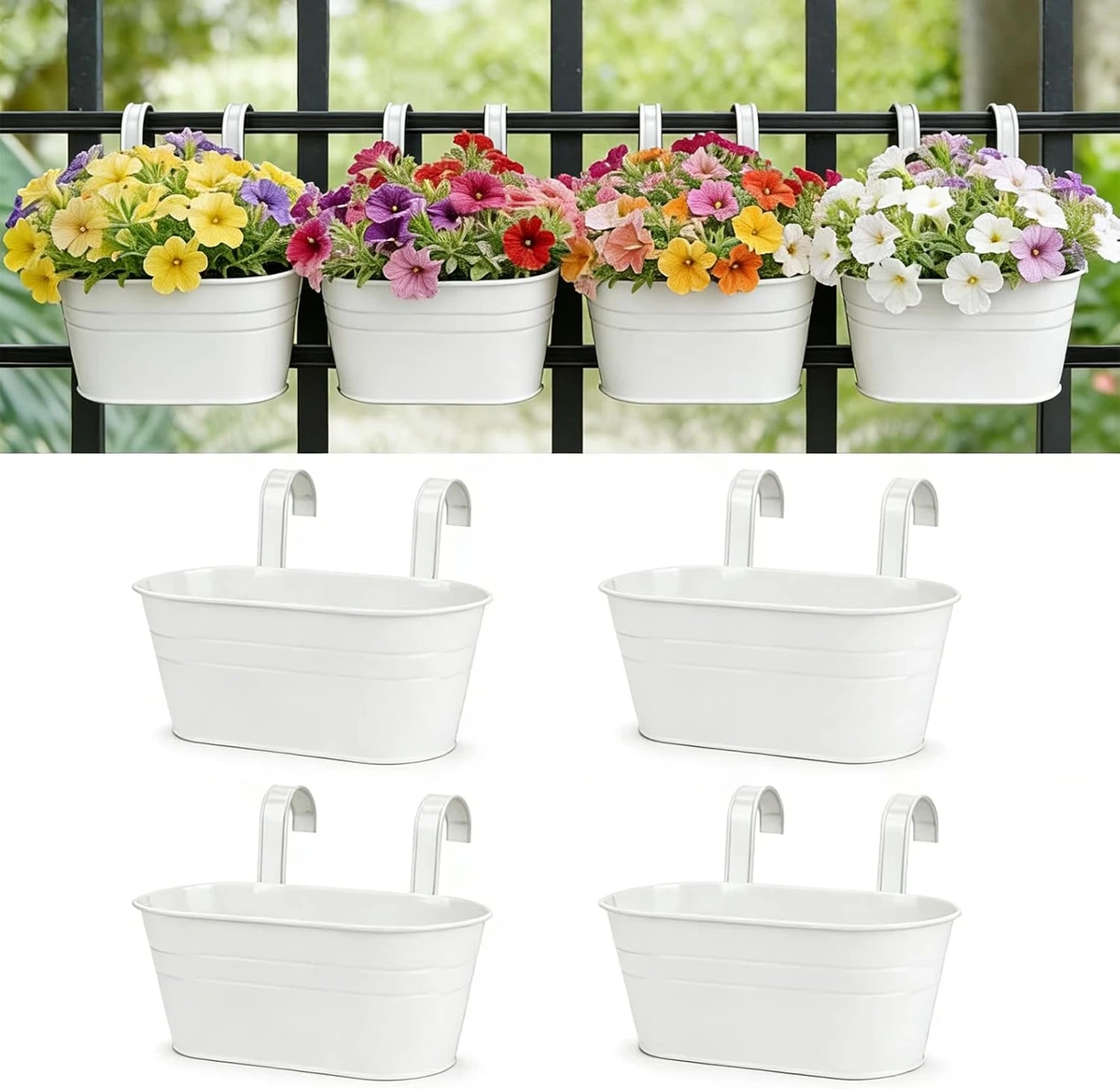 Set Di 10 Vasi Da Fiori In Metallo: 5 Rettangolari 26,9x14 Cm + 5 Rotondi 10,2 Cm, Neri, Con Gancio - 5