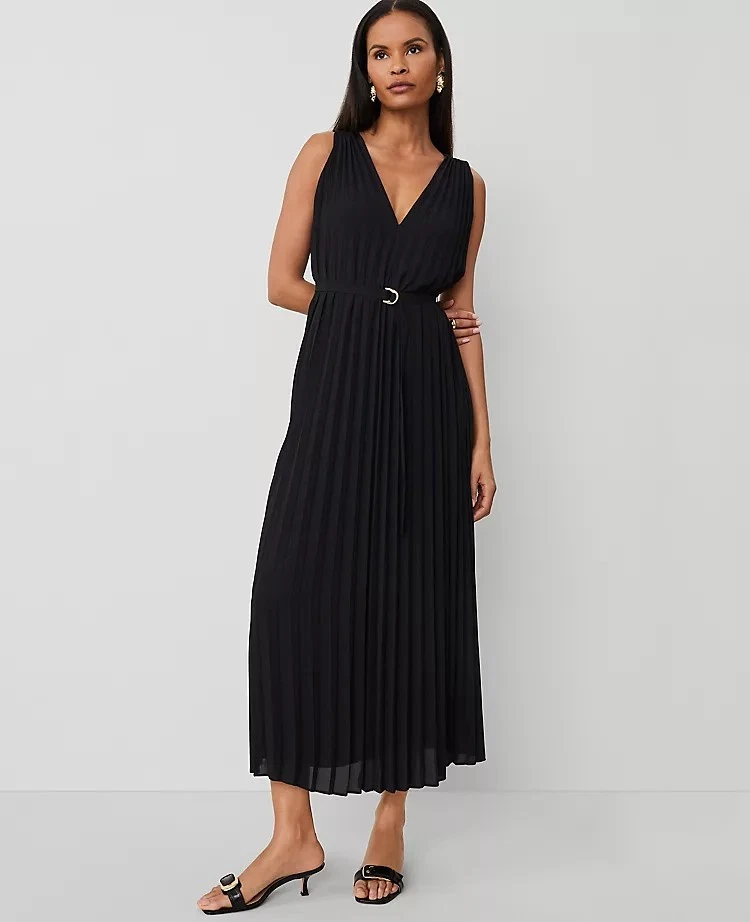 Ann Taylor Pleated Maxi Swing Dress Women Large Black Accordian Toga Deep Plunge - Image 2 of 4