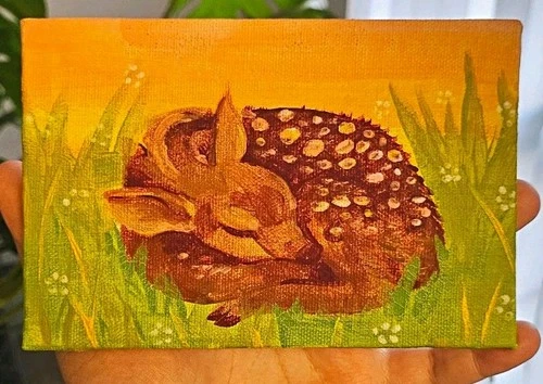 OOAK Original Handmade Contemporary Painting Sleeping Fawn Deer Canvas Unframed