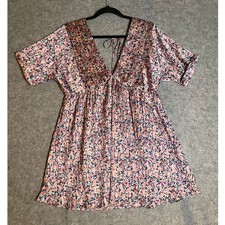 Lulus Pink Floral V-Neck Babydoll Mini Dress Short Sleeve EDS17195TY Womens
