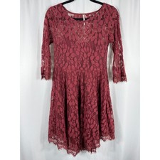 Free People Burgundy Floral Lace Fit and Flare Dress 3/4 Sleeve Size 4 Rust Boho