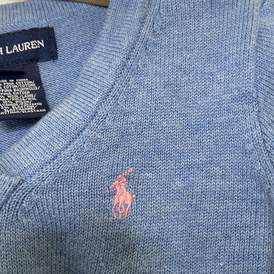 Suéter Ralph Lauren infantil azul mistura de lã tamanho 5 gola V rosa pônei mangas compridas - Imagem 4 de 4
