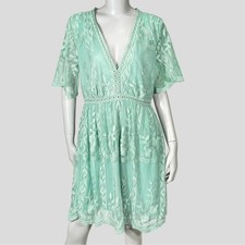 Haute Monde Mint Green Sheer Lace Floral Eyelet V-Neck Dress Sz L Feminine