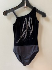 COSTUME GALLERY Black Leotard Asymmetrical Velour Rhinestones Large Child Dance
