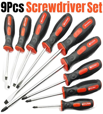 9-teiliges Schraubendreher Magnet Set Schwerlast Komfortgriff Philips Flachschlitz Werkzeug.
