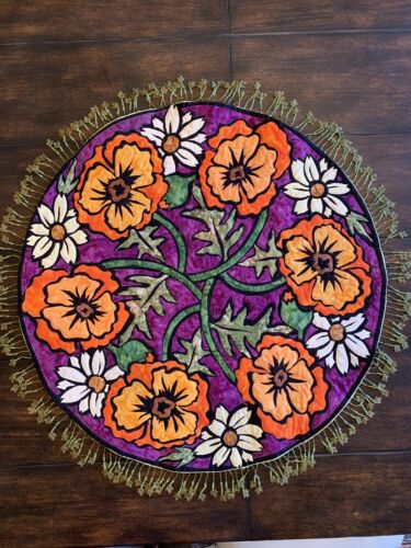 Hand Quilted Table Top Decor Runner 26” diameter Bead Fringe VGUC Vibrant - Picture 1 of 4