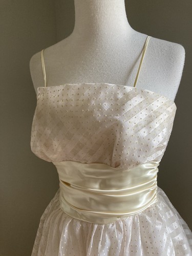 Vtg 50s Taffeta Flocked Swiss Dot Prom Evening Wedding Gown Satin Sash Bow xs-s - Picture 5 of 13